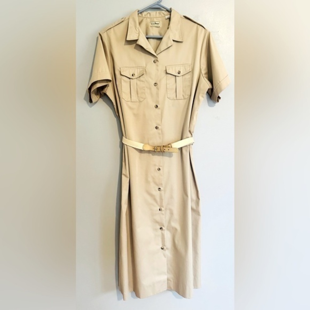 Vintage LL Bean Shirt Dress Womens Khaki Short Sleeve Est.Sz 16 measured